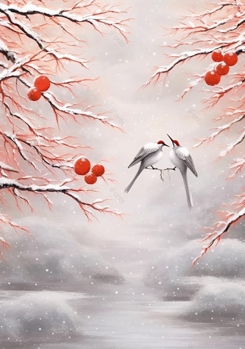 两只麻雀落枝头大寒节气国风意境鸟类手绘插画,插画/手绘图,插画/手绘图库,插画/手绘图下载,插画/手绘